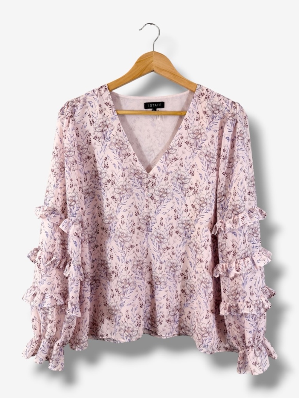 1. State Floral V-Neck Blouse Size L Pink Purple Ruffle Accent Long Sleeve